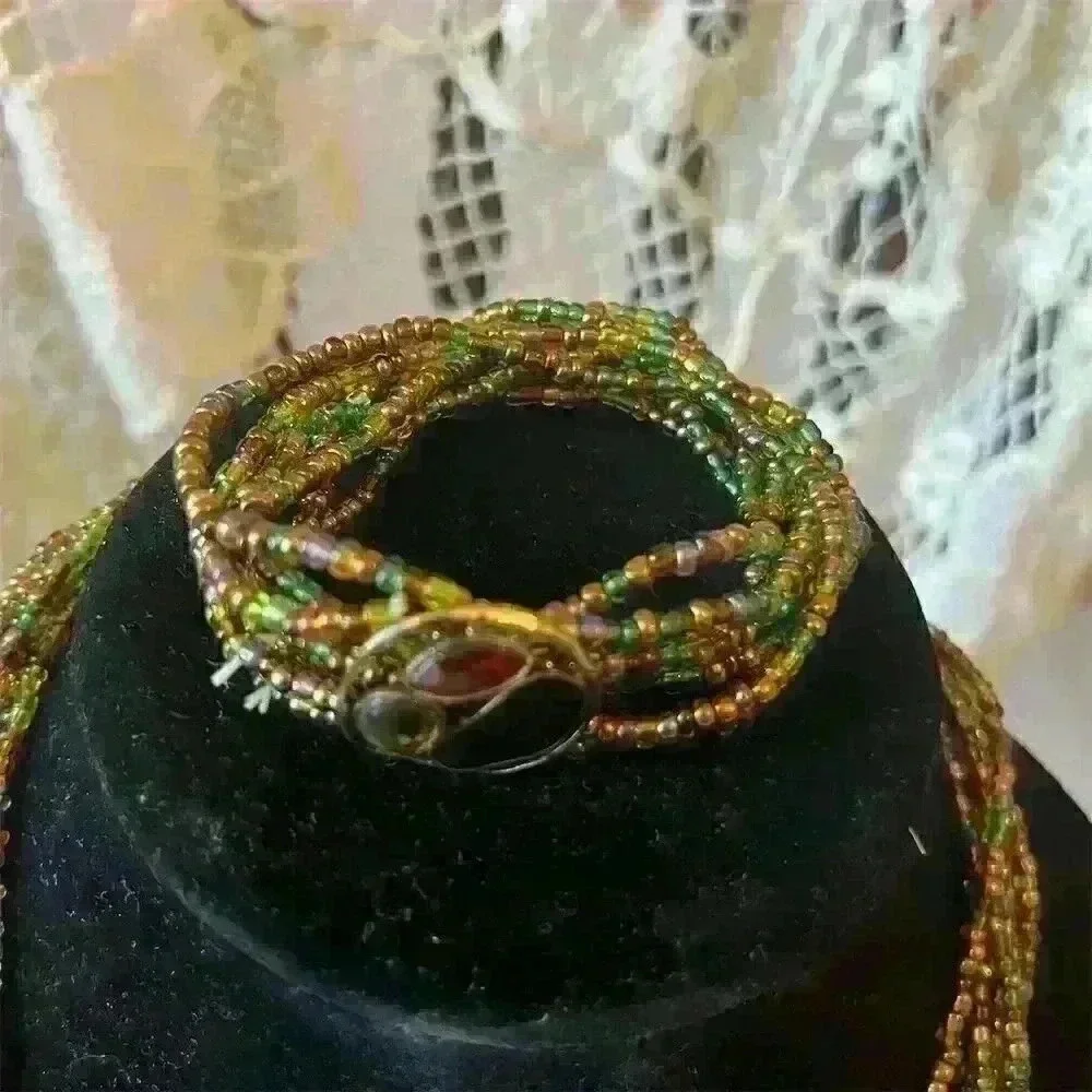 Vintage Multi-Strand Green Seed Bead Necklace w/ Enameled Rhinestone Enhancer